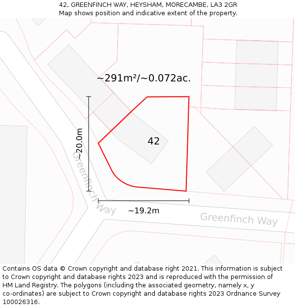 42, GREENFINCH WAY, HEYSHAM, MORECAMBE, LA3 2GR: Plot and title map