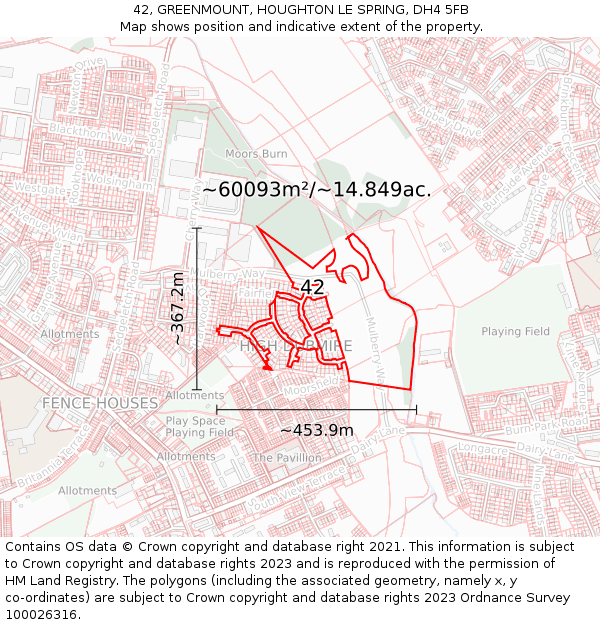 42, GREENMOUNT, HOUGHTON LE SPRING, DH4 5FB: Plot and title map