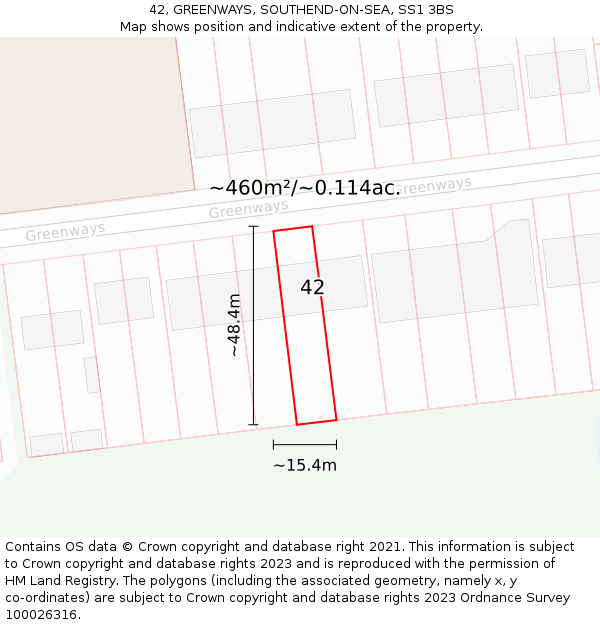 42, GREENWAYS, SOUTHEND-ON-SEA, SS1 3BS: Plot and title map