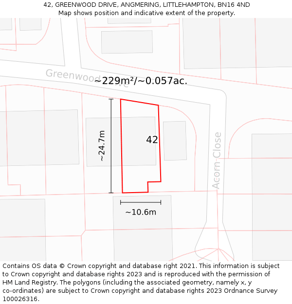 42, GREENWOOD DRIVE, ANGMERING, LITTLEHAMPTON, BN16 4ND: Plot and title map