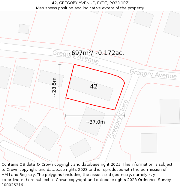 42, GREGORY AVENUE, RYDE, PO33 1PZ: Plot and title map