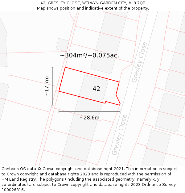 42, GRESLEY CLOSE, WELWYN GARDEN CITY, AL8 7QB: Plot and title map