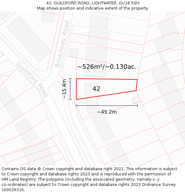 42, GUILDFORD ROAD, LIGHTWATER, GU18 5SN: Plot and title map