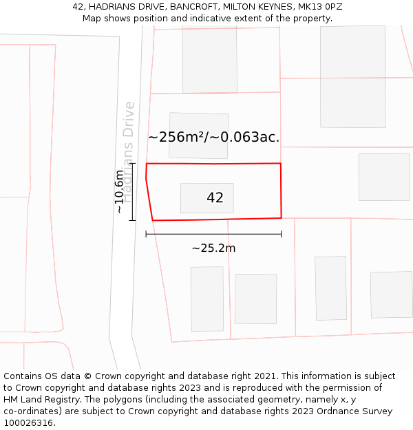 42, HADRIANS DRIVE, BANCROFT, MILTON KEYNES, MK13 0PZ: Plot and title map