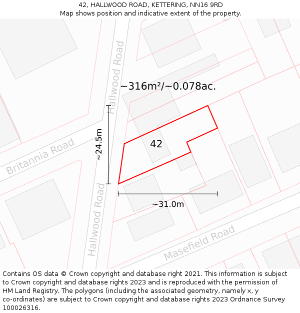 42, HALLWOOD ROAD, KETTERING, NN16 9RD: Plot and title map