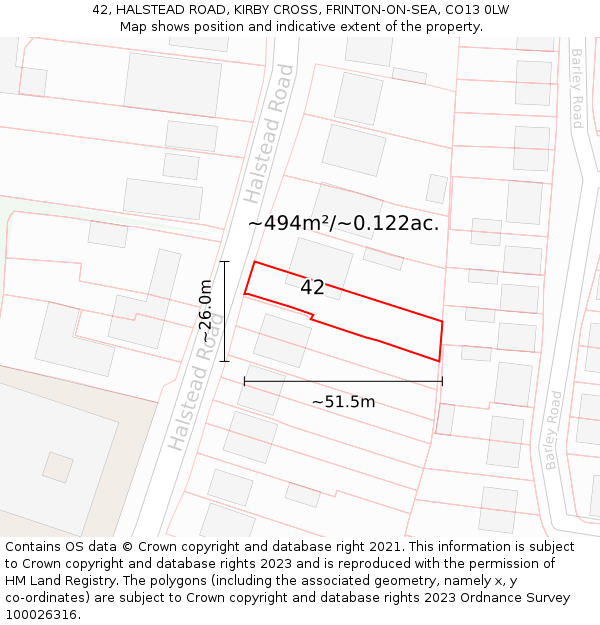 42, HALSTEAD ROAD, KIRBY CROSS, FRINTON-ON-SEA, CO13 0LW: Plot and title map