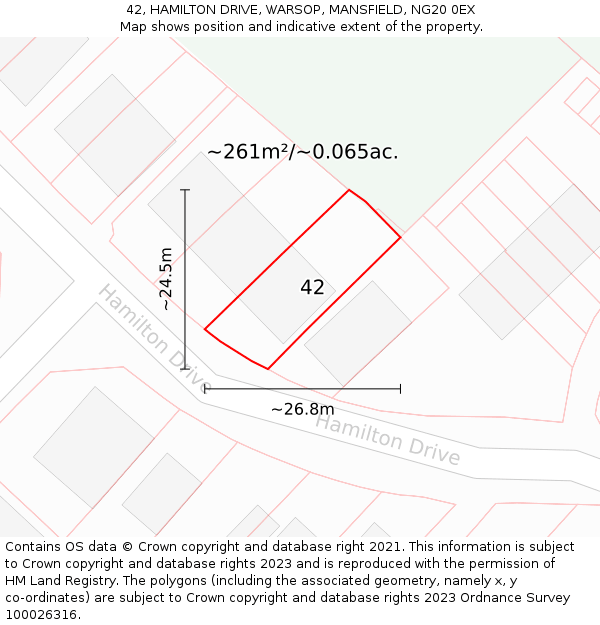 42, HAMILTON DRIVE, WARSOP, MANSFIELD, NG20 0EX: Plot and title map