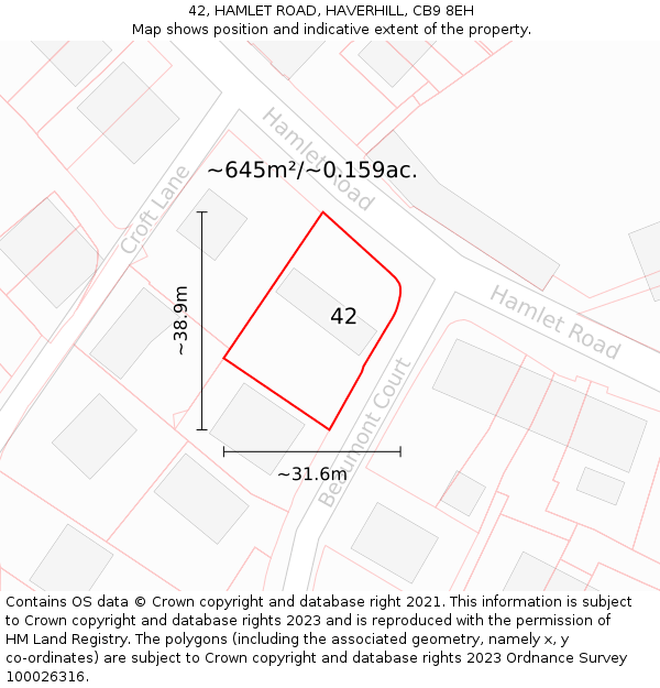 42, HAMLET ROAD, HAVERHILL, CB9 8EH: Plot and title map