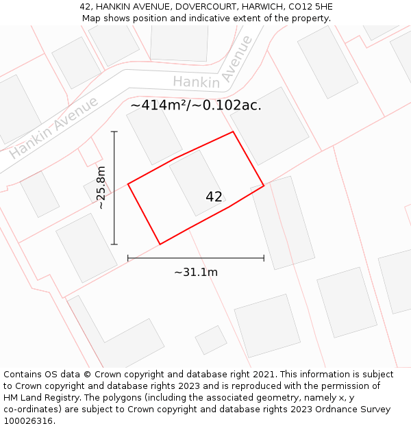 42, HANKIN AVENUE, DOVERCOURT, HARWICH, CO12 5HE: Plot and title map