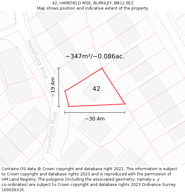 42, HAREFIELD RISE, BURNLEY, BB12 0EZ: Plot and title map