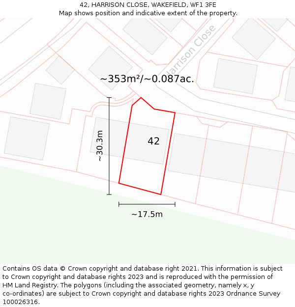 42, HARRISON CLOSE, WAKEFIELD, WF1 3FE: Plot and title map