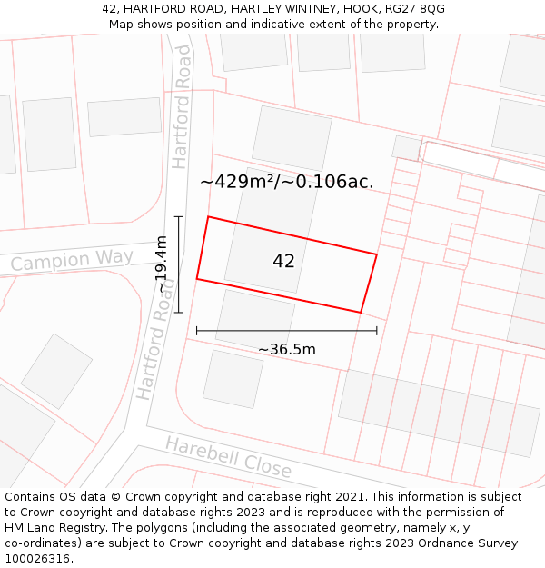 42, HARTFORD ROAD, HARTLEY WINTNEY, HOOK, RG27 8QG: Plot and title map