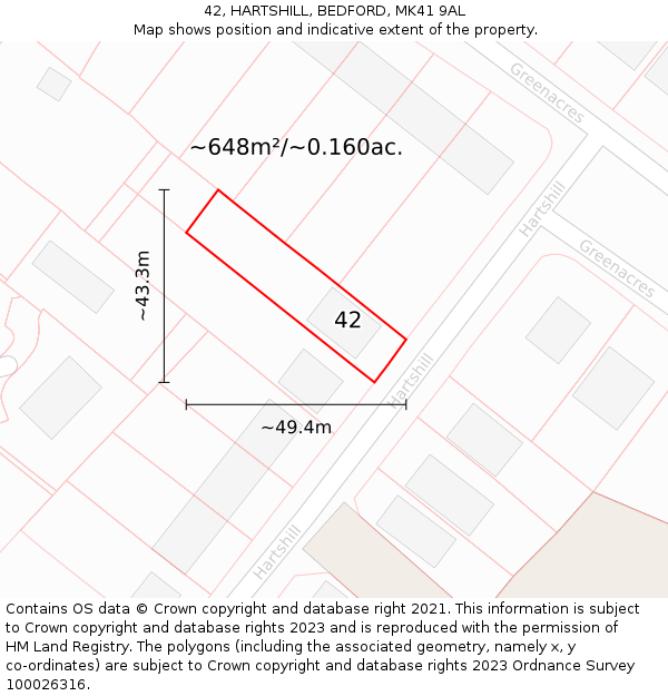 42, HARTSHILL, BEDFORD, MK41 9AL: Plot and title map