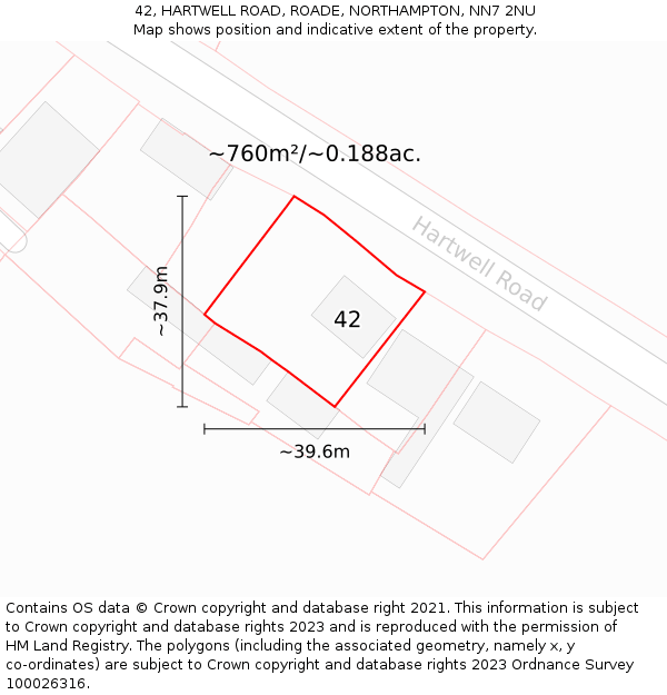 42, HARTWELL ROAD, ROADE, NORTHAMPTON, NN7 2NU: Plot and title map