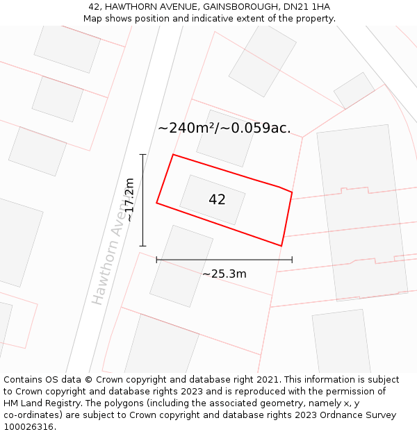 42, HAWTHORN AVENUE, GAINSBOROUGH, DN21 1HA: Plot and title map