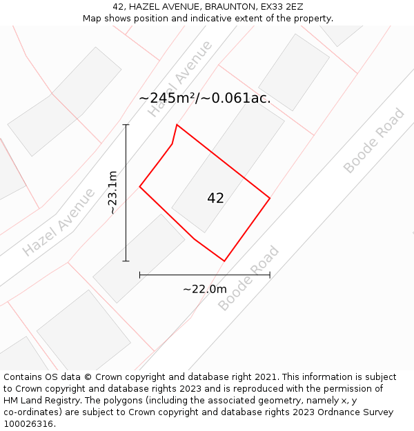 42, HAZEL AVENUE, BRAUNTON, EX33 2EZ: Plot and title map