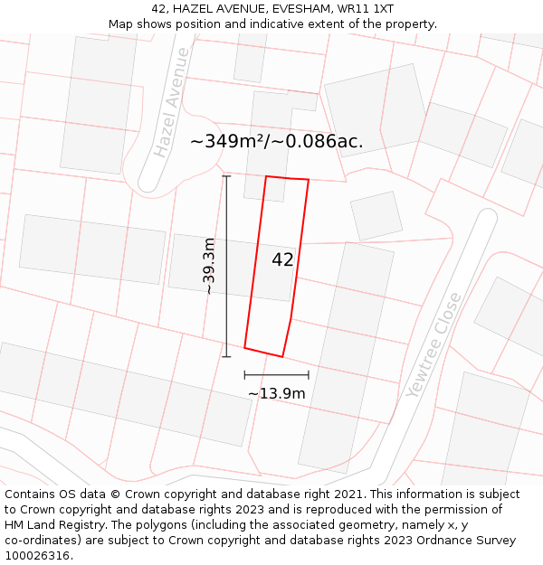42, HAZEL AVENUE, EVESHAM, WR11 1XT: Plot and title map