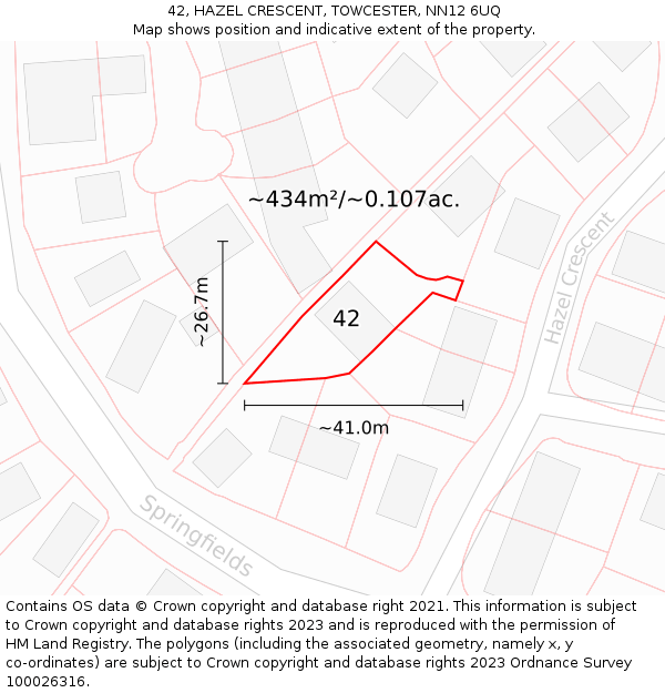 42, HAZEL CRESCENT, TOWCESTER, NN12 6UQ: Plot and title map