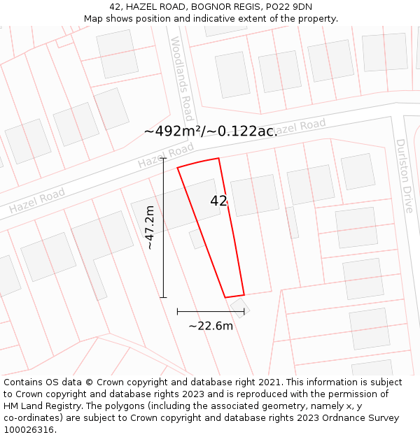 42, HAZEL ROAD, BOGNOR REGIS, PO22 9DN: Plot and title map