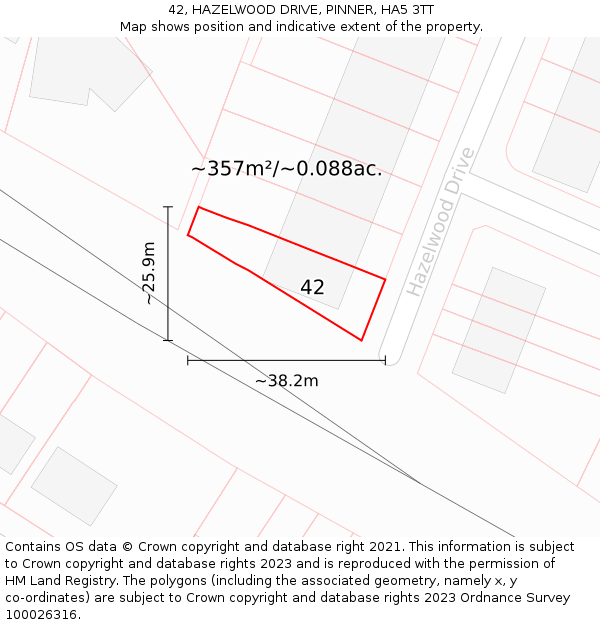 42, HAZELWOOD DRIVE, PINNER, HA5 3TT: Plot and title map