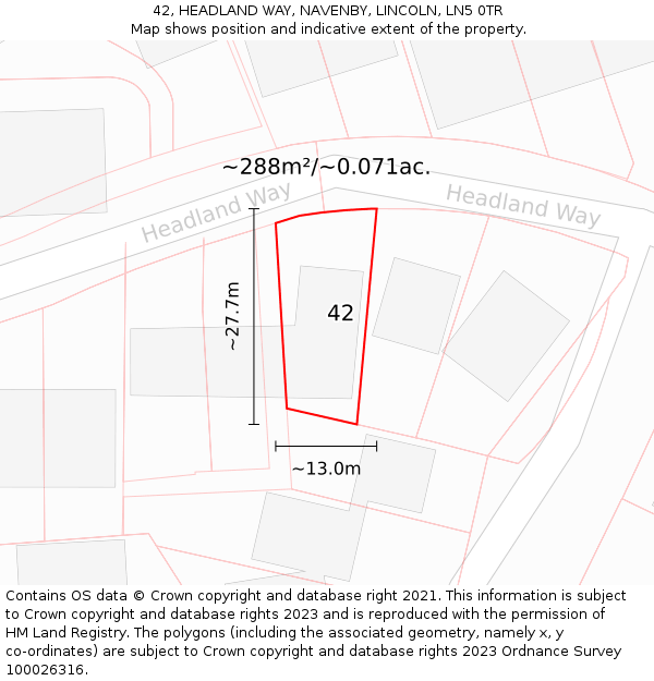 42, HEADLAND WAY, NAVENBY, LINCOLN, LN5 0TR: Plot and title map