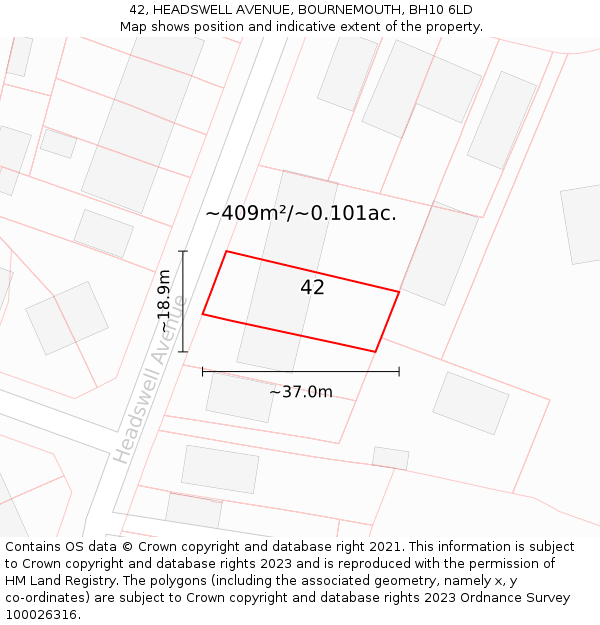 42, HEADSWELL AVENUE, BOURNEMOUTH, BH10 6LD: Plot and title map