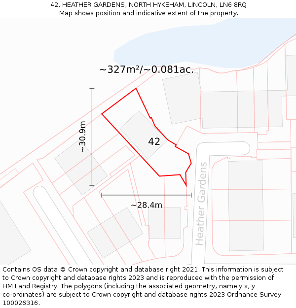 42, HEATHER GARDENS, NORTH HYKEHAM, LINCOLN, LN6 8RQ: Plot and title map