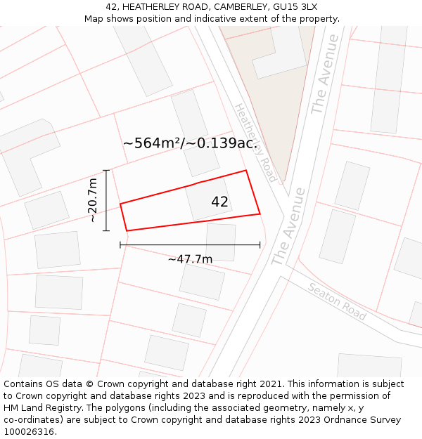 42, HEATHERLEY ROAD, CAMBERLEY, GU15 3LX: Plot and title map