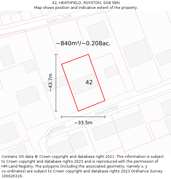 42, HEATHFIELD, ROYSTON, SG8 5BN: Plot and title map