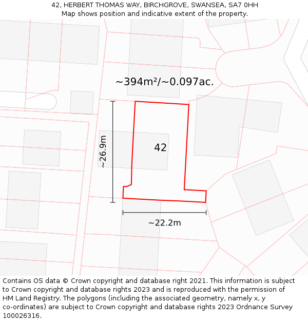 42, HERBERT THOMAS WAY, BIRCHGROVE, SWANSEA, SA7 0HH: Plot and title map