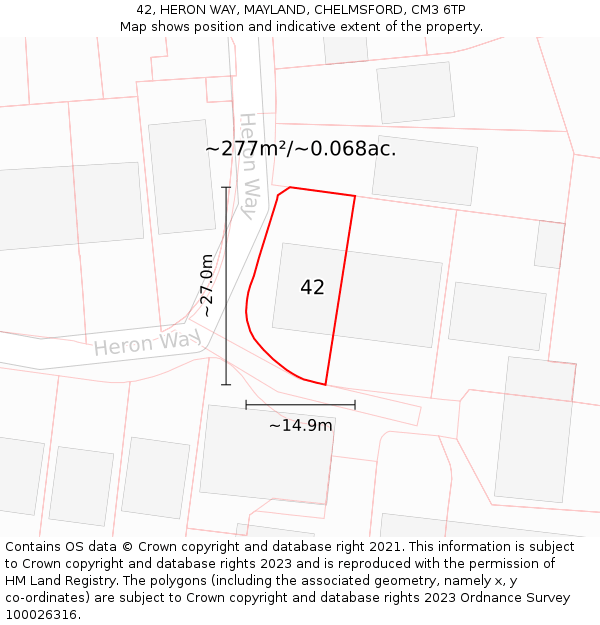 42, HERON WAY, MAYLAND, CHELMSFORD, CM3 6TP: Plot and title map