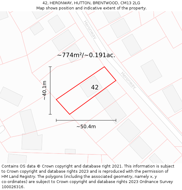 42, HERONWAY, HUTTON, BRENTWOOD, CM13 2LG: Plot and title map