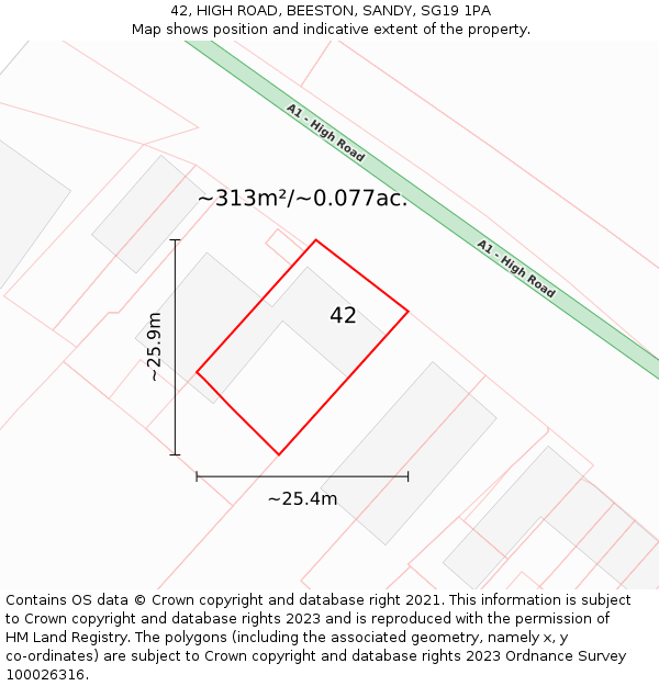 42, HIGH ROAD, BEESTON, SANDY, SG19 1PA: Plot and title map