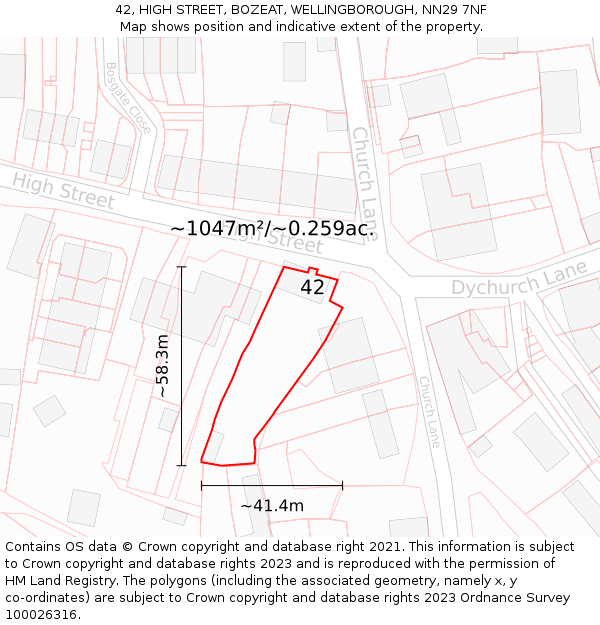 42, HIGH STREET, BOZEAT, WELLINGBOROUGH, NN29 7NF: Plot and title map