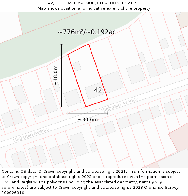 42, HIGHDALE AVENUE, CLEVEDON, BS21 7LT: Plot and title map