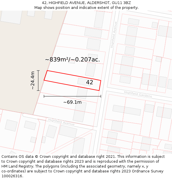 42, HIGHFIELD AVENUE, ALDERSHOT, GU11 3BZ: Plot and title map