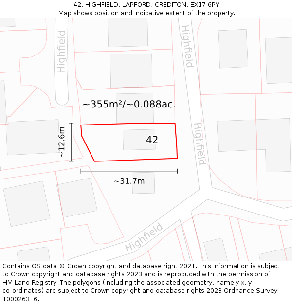 42, HIGHFIELD, LAPFORD, CREDITON, EX17 6PY: Plot and title map