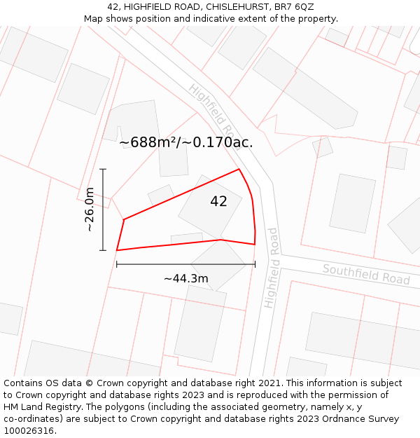 42, HIGHFIELD ROAD, CHISLEHURST, BR7 6QZ: Plot and title map