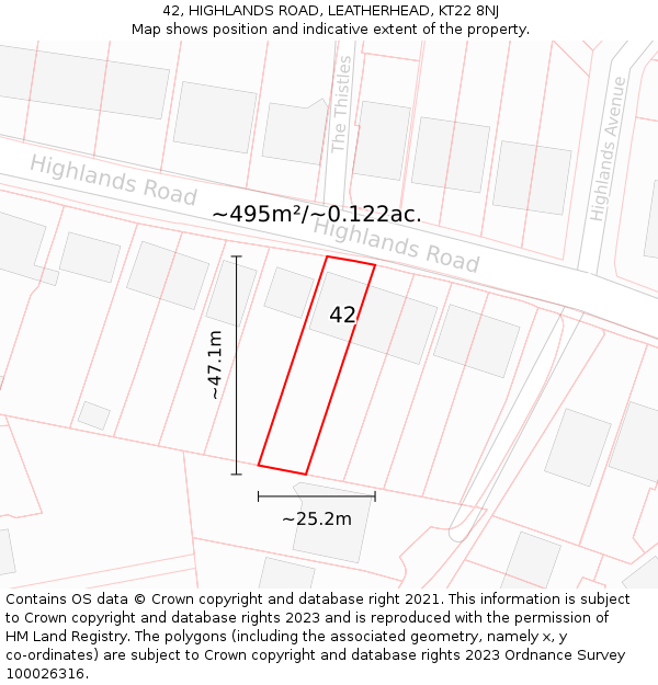 42, HIGHLANDS ROAD, LEATHERHEAD, KT22 8NJ: Plot and title map