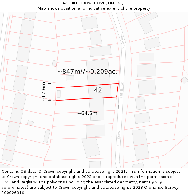 42, HILL BROW, HOVE, BN3 6QH: Plot and title map