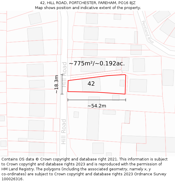 42, HILL ROAD, PORTCHESTER, FAREHAM, PO16 8JZ: Plot and title map