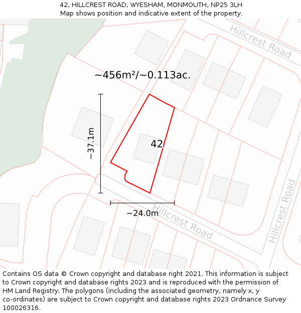 42, HILLCREST ROAD, WYESHAM, MONMOUTH, NP25 3LH: Plot and title map