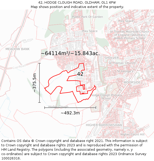42, HODGE CLOUGH ROAD, OLDHAM, OL1 4PW: Plot and title map