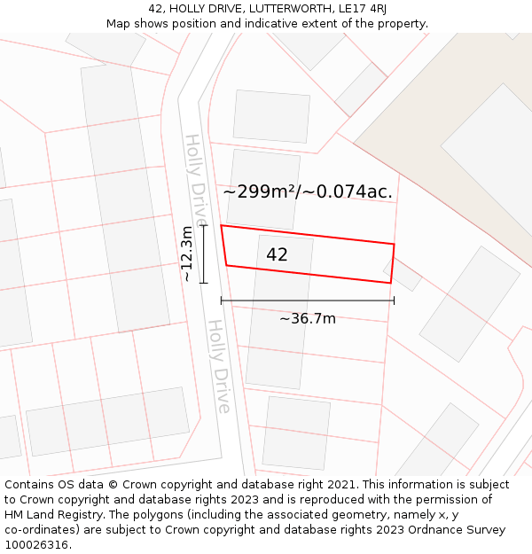 42, HOLLY DRIVE, LUTTERWORTH, LE17 4RJ: Plot and title map