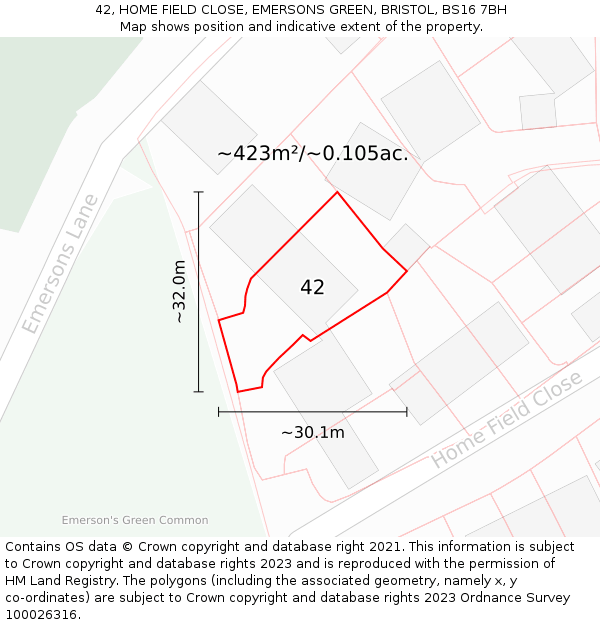 42, HOME FIELD CLOSE, EMERSONS GREEN, BRISTOL, BS16 7BH: Plot and title map