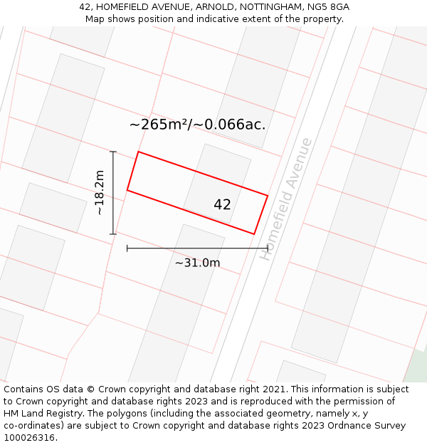 42, HOMEFIELD AVENUE, ARNOLD, NOTTINGHAM, NG5 8GA: Plot and title map