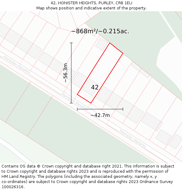 42, HONISTER HEIGHTS, PURLEY, CR8 1EU: Plot and title map