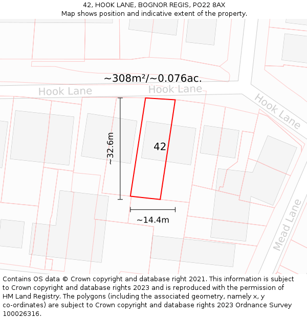 42, HOOK LANE, BOGNOR REGIS, PO22 8AX: Plot and title map