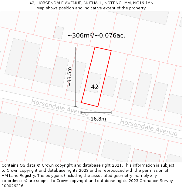 42, HORSENDALE AVENUE, NUTHALL, NOTTINGHAM, NG16 1AN: Plot and title map