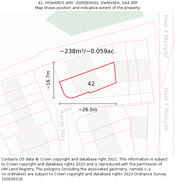 42, HOWARDS WAY, GORSEINON, SWANSEA, SA4 4PP: Plot and title map